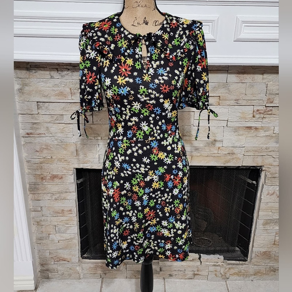 Topshop floral Multicolor black ruffle collar‎ mini dress size 4